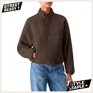 Lightweight Half Zip Fleece Sweatshirt with Zipper Pockets